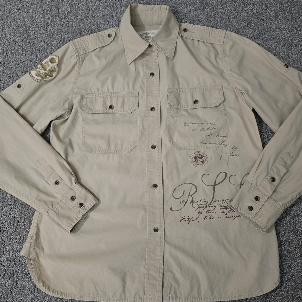 Lauren Ralph Lauren Safari Utility Shirt Womens‎ PS Tan Khaki Graphic Button Up